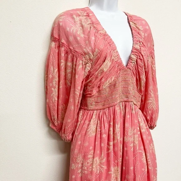 Free People Womens Electropop Pink Floral Golden Hour Smocked V Neck Maxi Dress - Picture 4 of 8